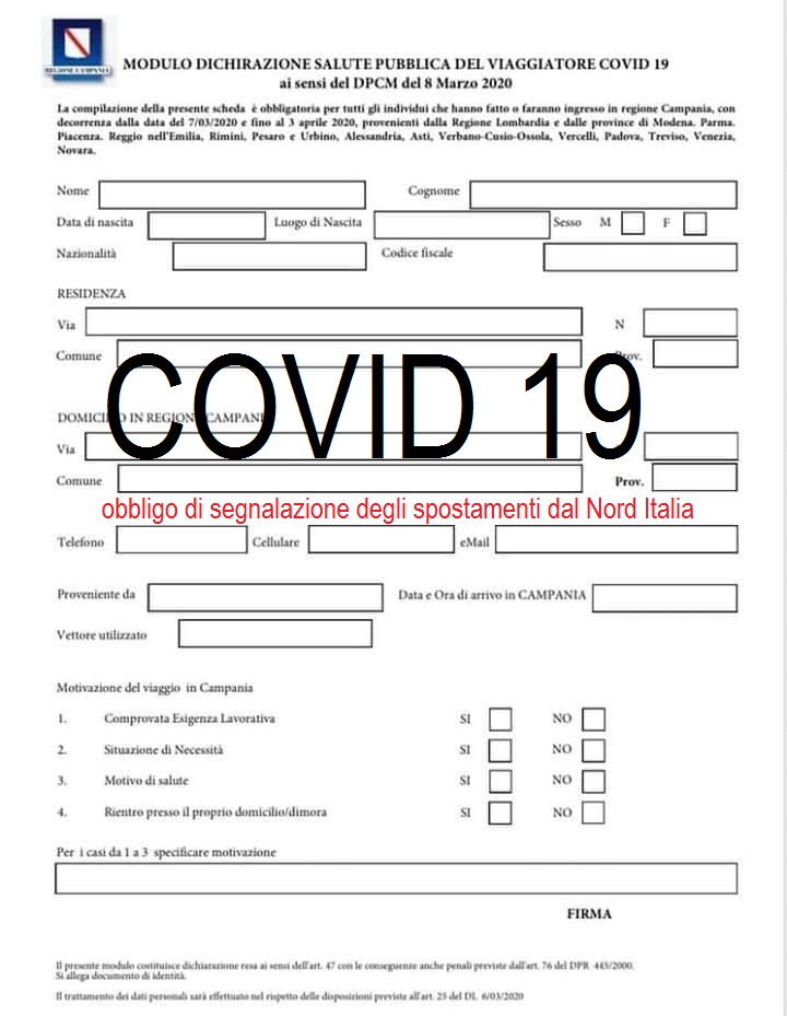 EMERGENZA CORONAVIRUS. Modulo dichiarazione salute pubblica del DPCM 08/03/2020