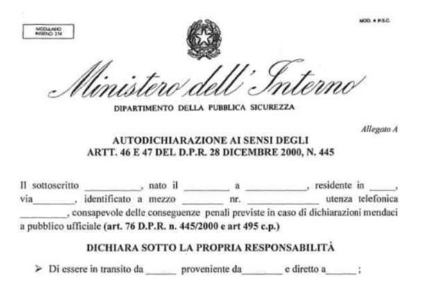 DPCM del 09/03/2020. Modello per autocertificazione spostamenti.