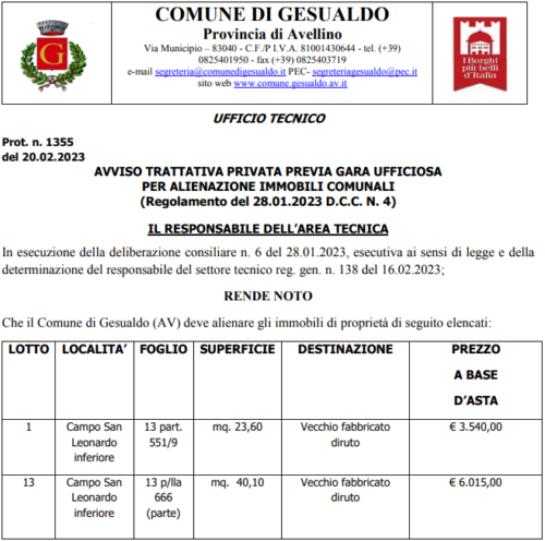 AVVISO TRATTATIVA PRIVATA PREVIA GARA UFFICIOSA PER ALIENAZIONE IMMOBILI COMUNALI (Regolamento del 28.01.2023 D.C.C. N. 4)