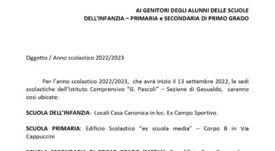 COMUNICAZIONI SEDI SCOLASTICHE – Anno scolastico 2022/2023