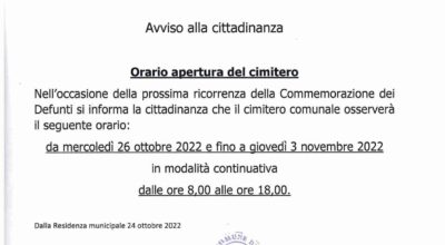 Commemorazione dei Defunti: Orario apertura cimitero dal 26 ottobre al 03 novembre