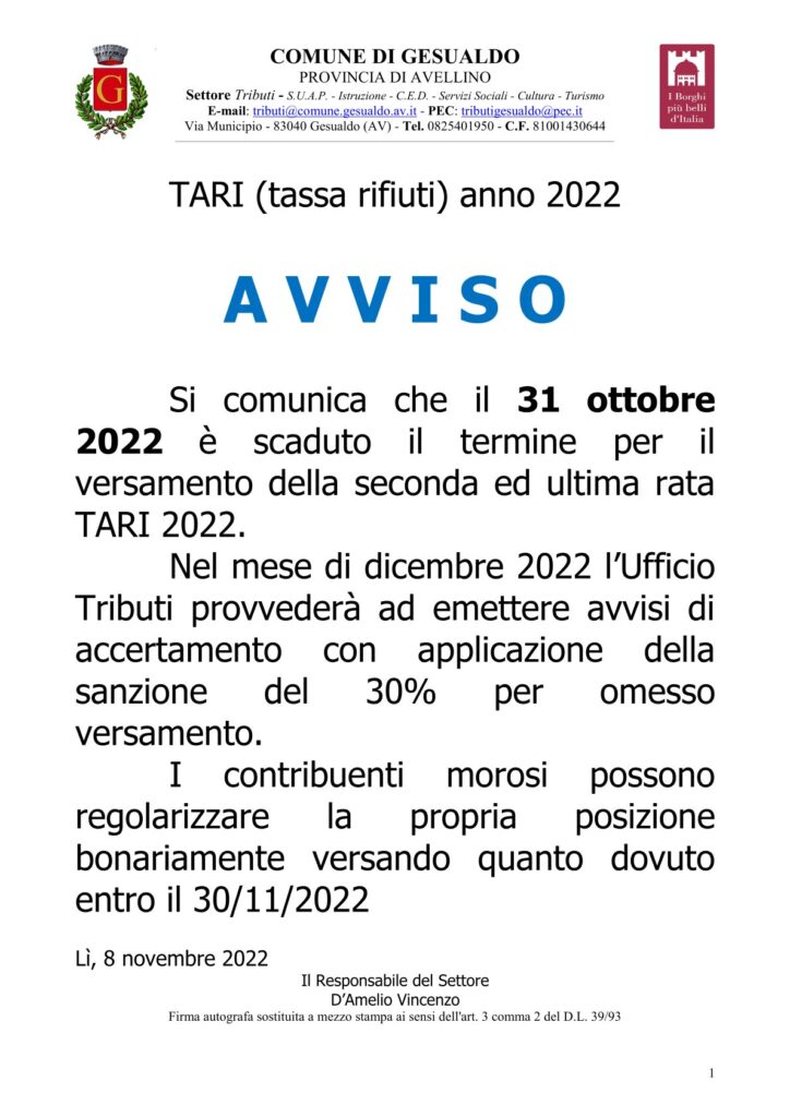 TARI 2022: AVVISO AI CONTRIBUENTI