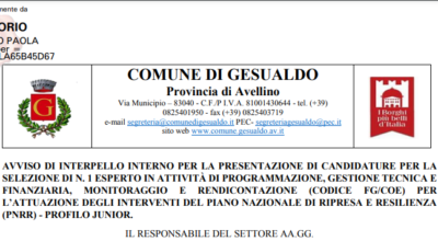 AVVISO PER INTERPELLO INTERNO per conferimento di lavoro autonomo per n.1 Funzionario Esperto (CODICE FG/COE)