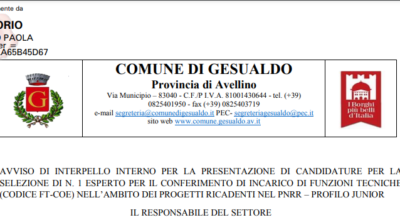 AVVISO DI INTERPELLO INTERNO per la presentazione di candidature per la selezione di n. 1 esperto per il conferimento di incarico di funzioni tecniche (CODICE FT-COE)