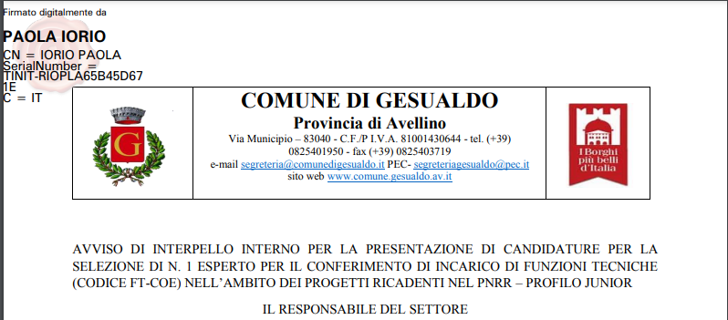 AVVISO DI INTERPELLO INTERNO per la presentazione di candidature per la selezione di n. 1 esperto per il conferimento di incarico di funzioni tecniche (CODICE FT-COE)
